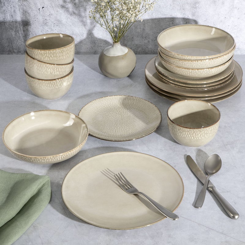 Gibson Elite Matisse 16-Piece Double Bowl Dinnerware Set â€“ Service for 4, Taupe Stoneware Plates and Bowls - Image 5