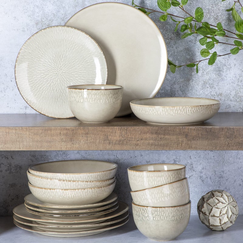 Gibson Elite Matisse 16-Piece Double Bowl Dinnerware Set â€“ Service for 4, Taupe Stoneware Plates and Bowls - Image 4