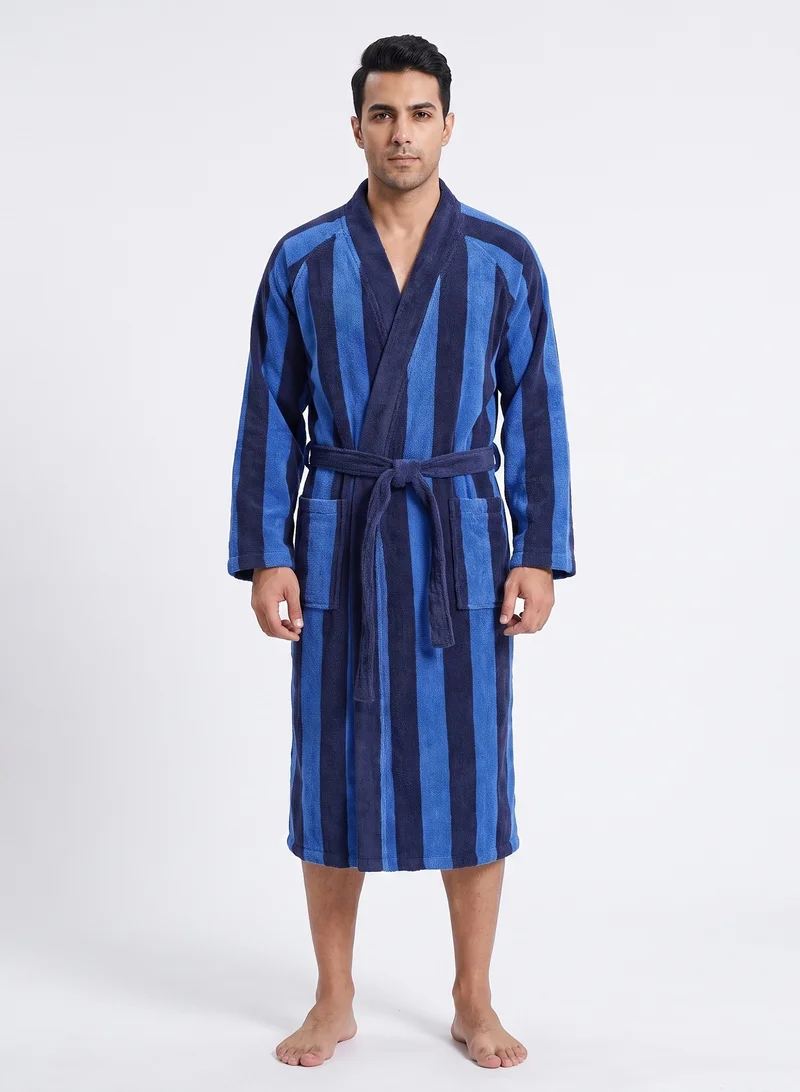 Donetella Striped Bathrobe for Men & Women XL Size - 100% Cotton | Kimono Collar, Highly Absorbent, Quick Dry, Soft Spa Robe with Belt & Pockets - 380 GSM, Everyday Use