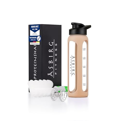Asbirg Fitness | 24 oz Glass Protein Shaker Bottle – BPA-Free, Leakproof Lid, Stainless Steel Mixing Ball & Silicone Sleeve – Gym Shaker for Smoothies, Shakes & Pre-Workout – Beige - Image 1