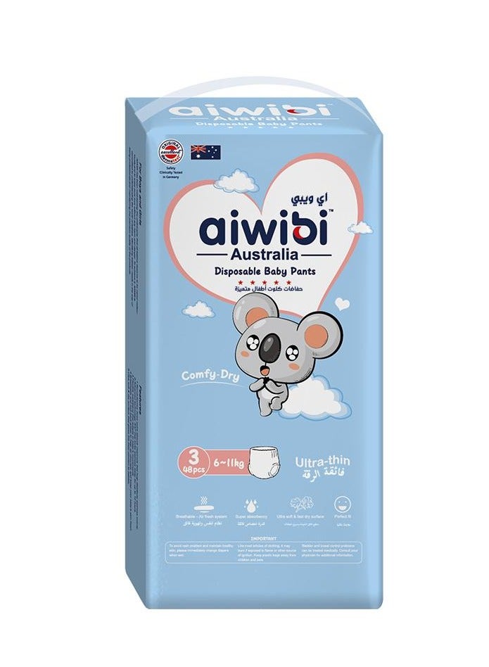 aiwibi Ultra Thin Baby Diaper Pants Size 3 (Medium 6-11kg)-Super Soft Pull Up Nappies with Leakage Protection (48 Pcs)
