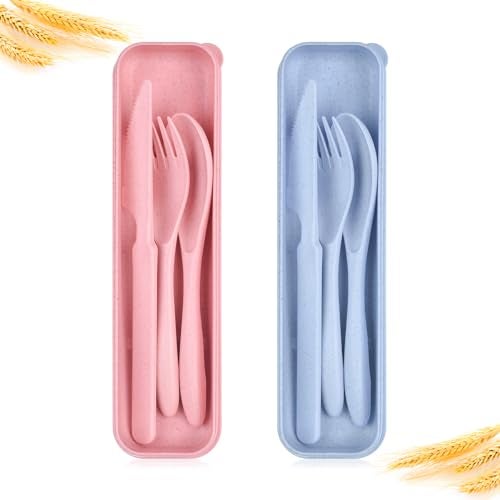 Lnrkai Travel Utensil Set with Case, 2 Sets Reusable Spoon Chopstick Forks Tableware, Portable Cutlery Travel Picnic Camping or Daily Use ((Blue & Pink)) - Image 1