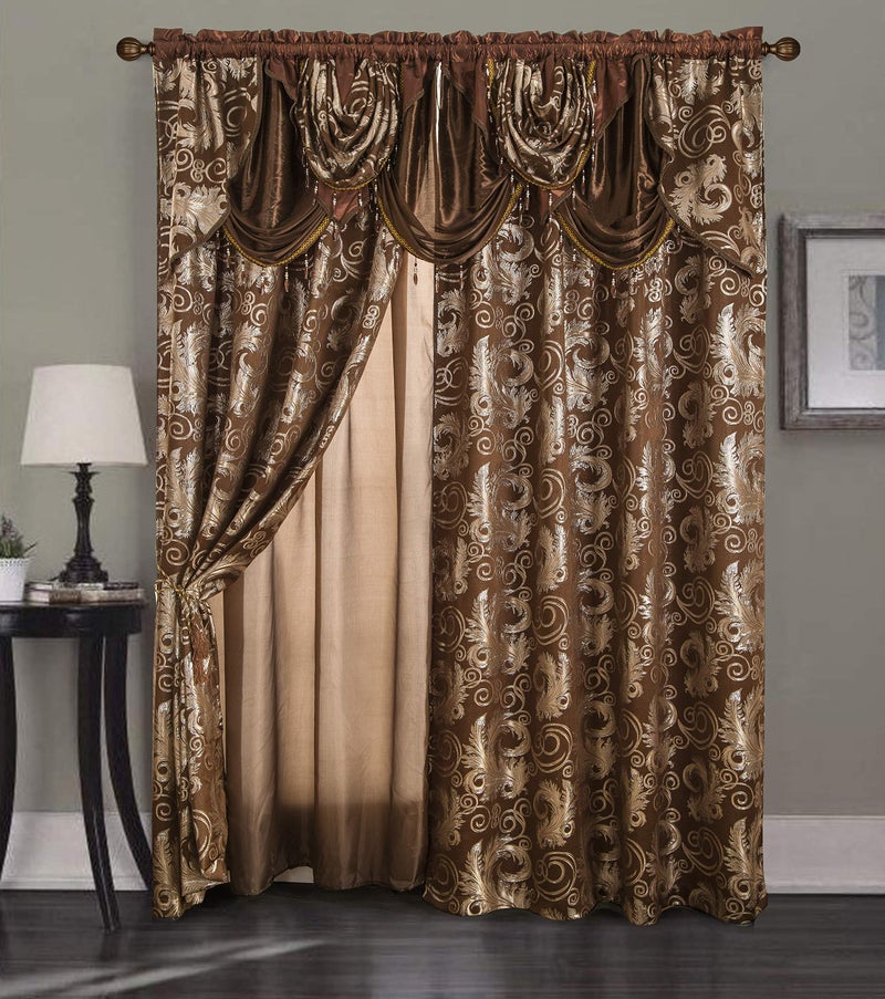 GLORY RUGS Jacquard Luxury Window 2 Panel Set Brown Curtain with Attached Valance and Backing Bedroom Living Room Dining 2 Curtains 55x84 inches Each Jana - Image 1