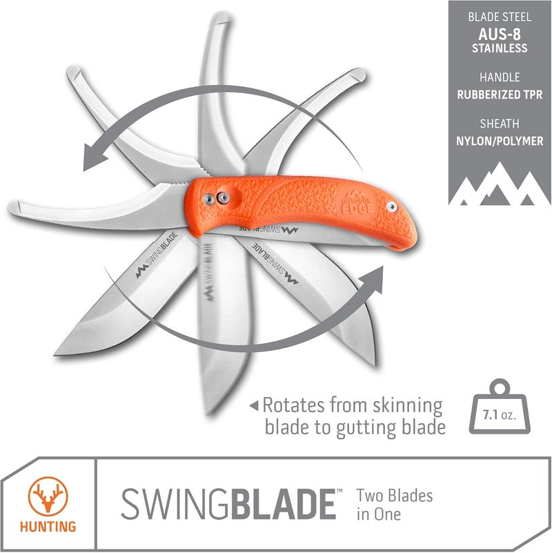 Outdoor Edge سكين صيد مزدوجة الشفرة Swingblaze مع شفرات دوارة للتقشير والتجويف، غلاف نايلون، (برتقالي مشتعلة، SZ-20N) - Image 2