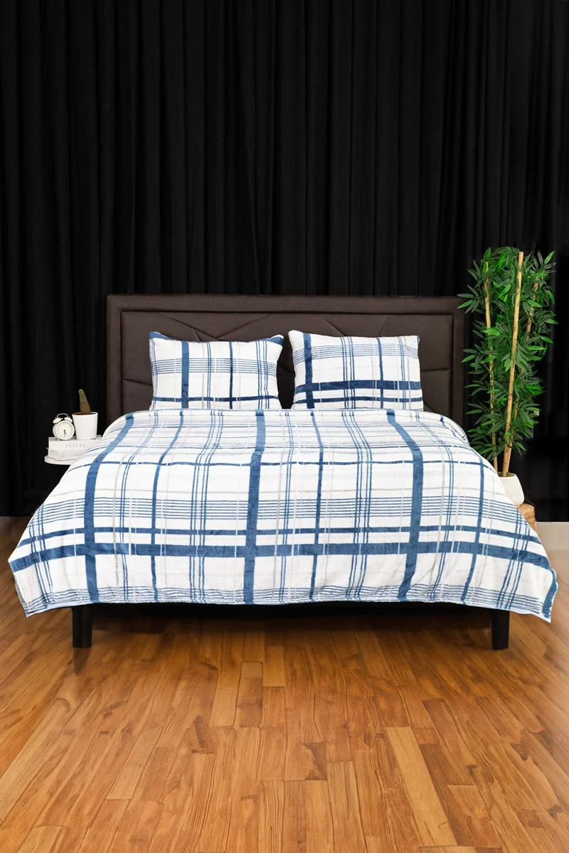 فافورا 3 Piece Woolly Double Blanket Bedspread Set - Blue