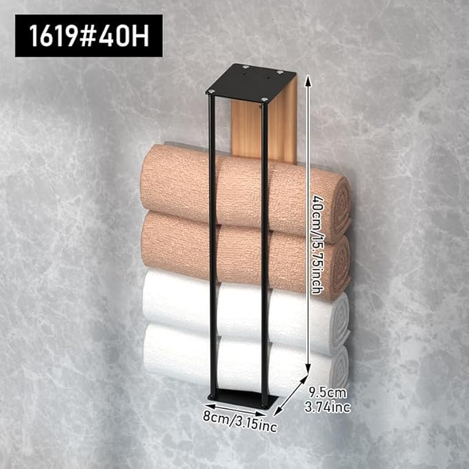 حامل مناشف للحمام مثبت على الحائط، حامل منظم لتخزين المناشف الملفوفة عموديًا، إطار حديدي أسود مع لوحة خشبية، حامل مناشف حمام عصري لتوفير المساحة، 157 × 374 × 315 بوصة، أسود - Image 2