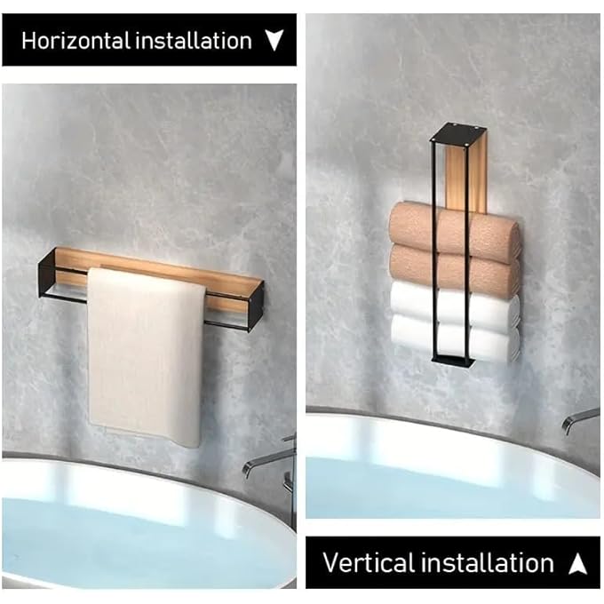 حامل مناشف للحمام مثبت على الحائط، حامل منظم لتخزين المناشف الملفوفة عموديًا، إطار حديدي أسود مع لوحة خشبية، حامل مناشف حمام عصري لتوفير المساحة، 157 × 374 × 315 بوصة، أسود - Image 5