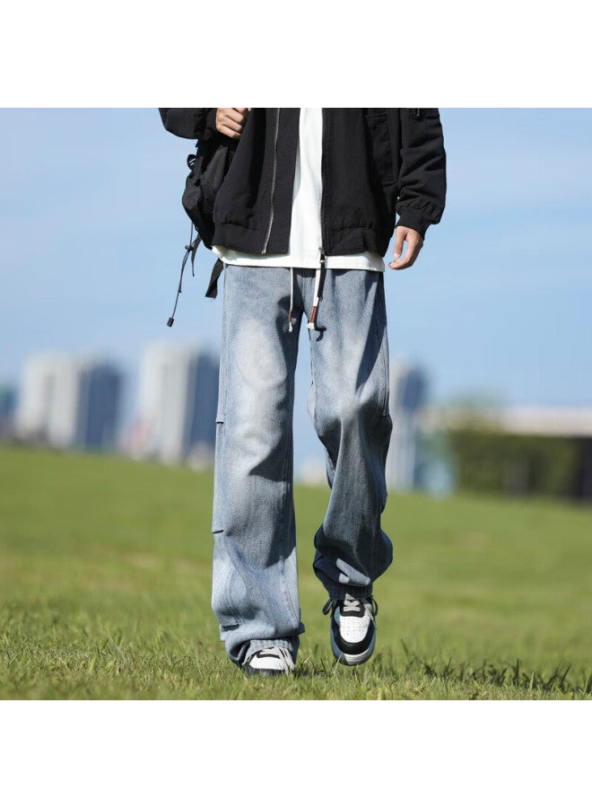 Clor American Style Gradient Denim Jeans Men's Spring Summer Trendy Casual Loose Straight Pants Nzk01 Light Blue S - Image 4
