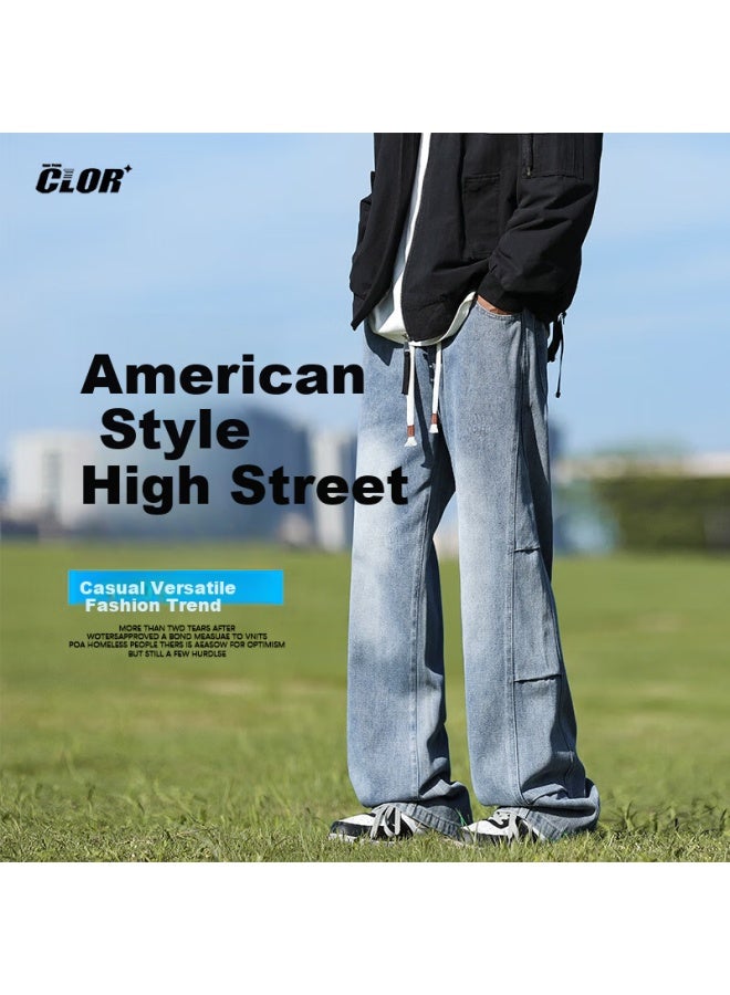 Clor American Style Gradient Denim Jeans Men's Spring Summer Trendy Casual Loose Straight Pants Nzk01 Light Blue S - Image 1