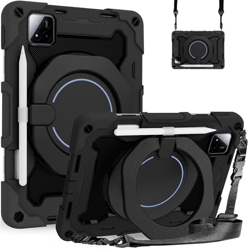 Robustrion Cover for Xiaomi Mi Pad 7 Cover Case 11.2 inch, Armor Shockproof Cover with [Pencil Holder] [Shoulder Strap] and [360 Degree Rotating Ring Stand] for Xiaomi Pad 7 Cover - Black - Image 2