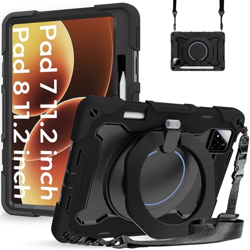 Robustrion Cover for Xiaomi Mi Pad 7 Cover Case 11.2 inch, Armor Shockproof Cover with [Pencil Holder] [Shoulder Strap] and [360 Degree Rotating Ring Stand] for Xiaomi Pad 7 Cover - Black - Image 1