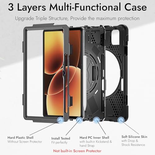 Robustrion Cover for Xiaomi Mi Pad 7 Cover Case 11.2 inch, Armor Shockproof Cover with [Pencil Holder] [Shoulder Strap] and [360 Degree Rotating Ring Stand] for Xiaomi Pad 7 Cover - Black - Image 5