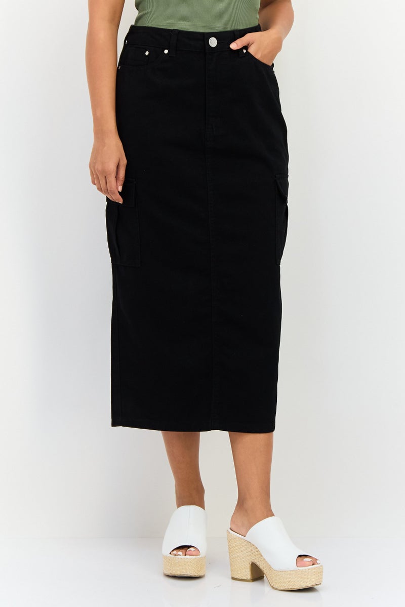 Threadbare Women Solid Denim Midi Skirt, Black - Image 1