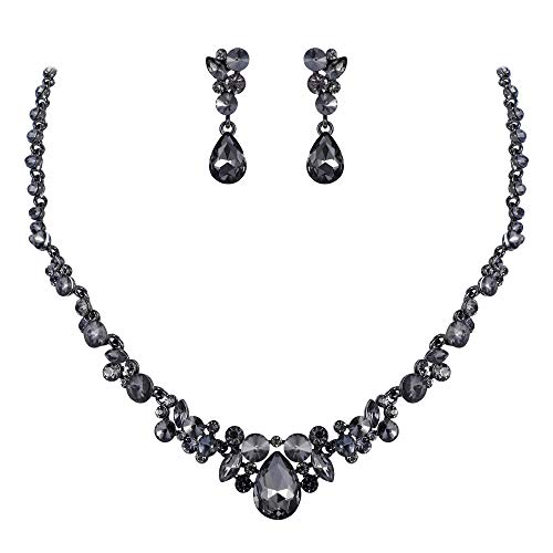 EVER FAITH Women's Rhinestone Crystal Elegant Wedding Floral Teardrop Necklace Earrings Set Grey Black-Tone - Image 1