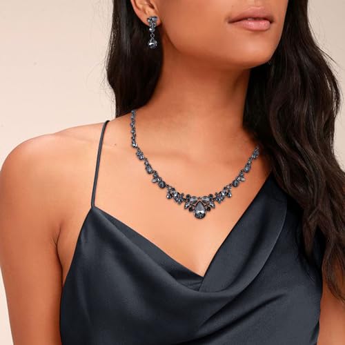 EVER FAITH Women's Rhinestone Crystal Elegant Wedding Floral Teardrop Necklace Earrings Set Grey Black-Tone - Image 2