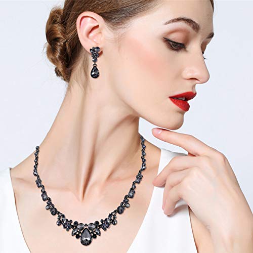 EVER FAITH Women's Rhinestone Crystal Elegant Wedding Floral Teardrop Necklace Earrings Set Grey Black-Tone - Image 4