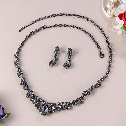 EVER FAITH Women's Rhinestone Crystal Elegant Wedding Floral Teardrop Necklace Earrings Set Grey Black-Tone - Image 5