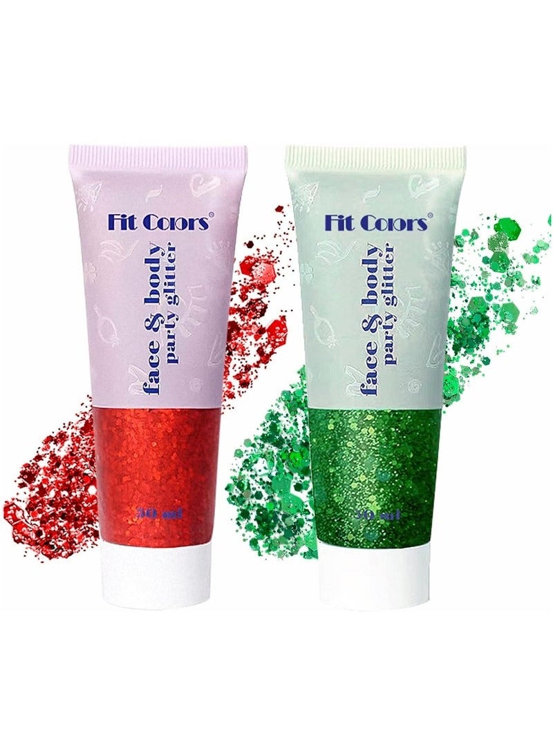 Fit Colors 2pcs Body Glitter, Mermaid Sequins Liquid Holographic Glitter Gel, Chunky Glitter Face Eye Lip Hair Nail Festival Makeup, Sparkling Body Glitter Gel for Women, RED & Green - Image 1