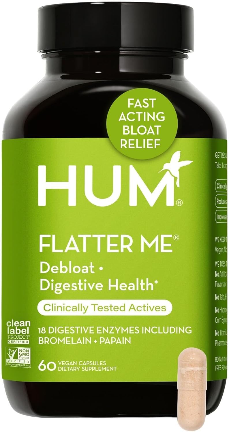 HUM Flatter Me Digestive Enzymes Bloating Supplement - Fast-Acting Bloat Relief for Digestive Health & Debloating Multi Enzyme | Bloat Pills, Anti Bloat Pills, Vegan 60 Servings