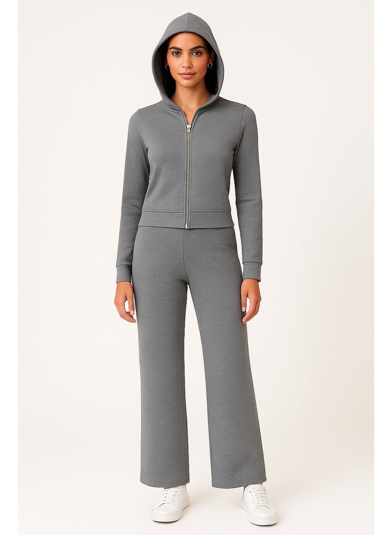 CHEVALIER FASHION Women’s Two-Piece Loungewear Set with Hoodie and Zipper – Grey with Rhinestone Details - Image 1