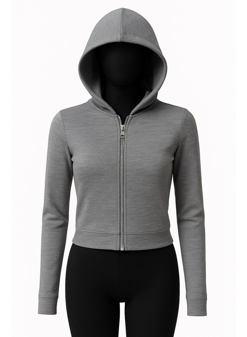 CHEVALIER FASHION Women’s Two-Piece Loungewear Set with Hoodie and Zipper – Grey with Rhinestone Details - Image 3