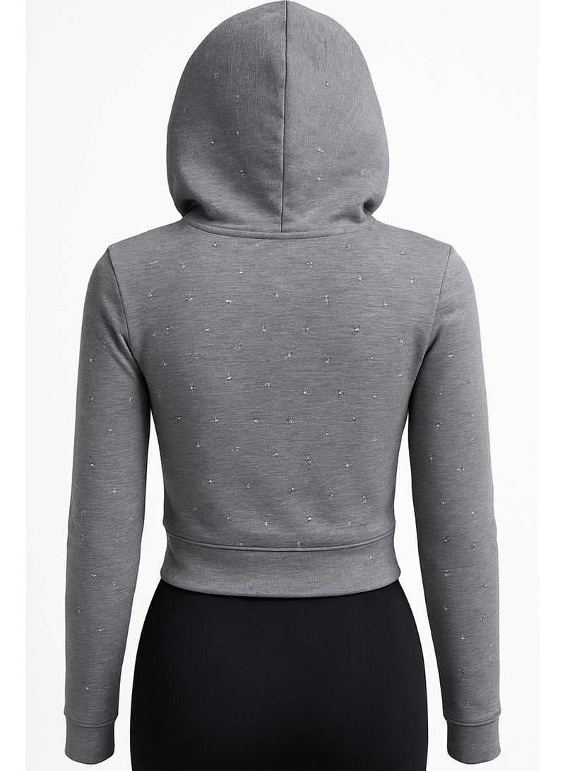 CHEVALIER FASHION Women’s Two-Piece Loungewear Set with Hoodie and Zipper – Grey with Rhinestone Details - Image 4