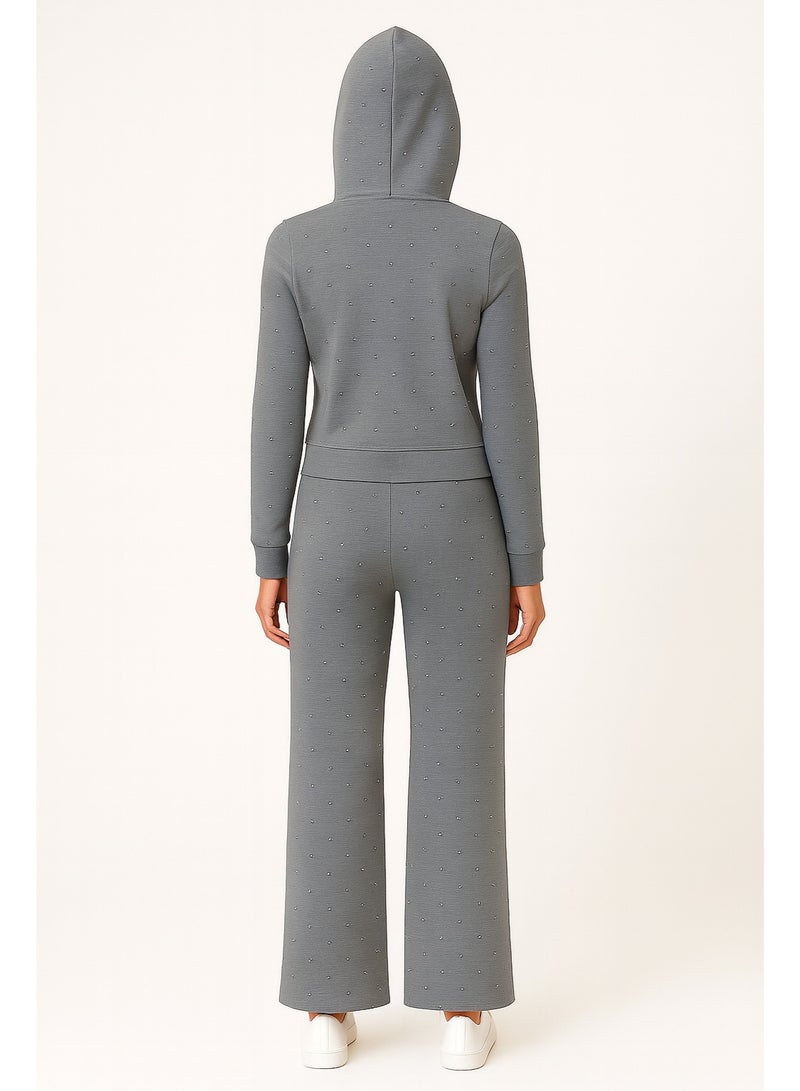CHEVALIER FASHION Women’s Two-Piece Loungewear Set with Hoodie and Zipper – Grey with Rhinestone Details - Image 2