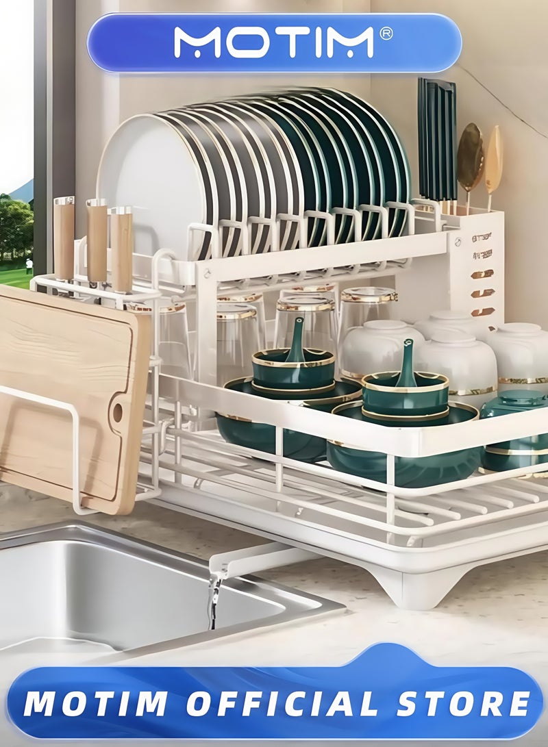 Motim Dish Drying Rack Stainless Steel 2 Tier Large Dish Racks with Drainboard and Cutlery Holder for Kitchen Counter (White)  - Image 1