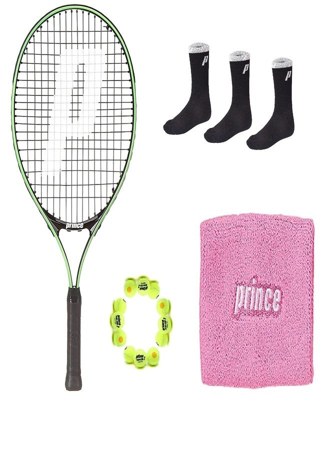 برنس مضرب تنس برينس تور 23 من الألومنيوم مع 12 كرة تنس برتقالية من المرحلة الثانية، وجوارب برينس سوداء مع سوار معصم وردي/أبيض - Image 1