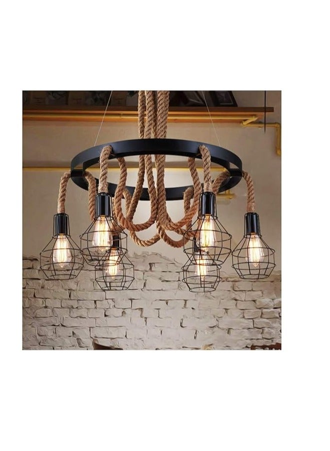 ESNCO Industrial Pendant Light, Lighting Retro 6 Lamp Hemp Rope Chandelier Twisted Flaxen Rope Country Style for Dining Room Bedroom Living Room, Black - Image 1