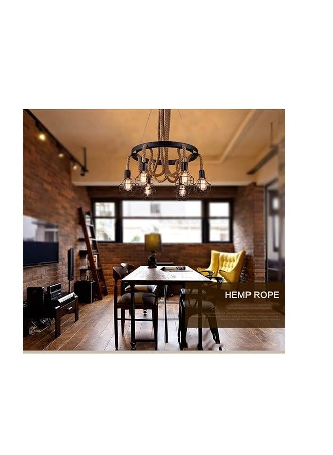 ESNCO Industrial Pendant Light, Lighting Retro 6 Lamp Hemp Rope Chandelier Twisted Flaxen Rope Country Style for Dining Room Bedroom Living Room, Black - Image 2