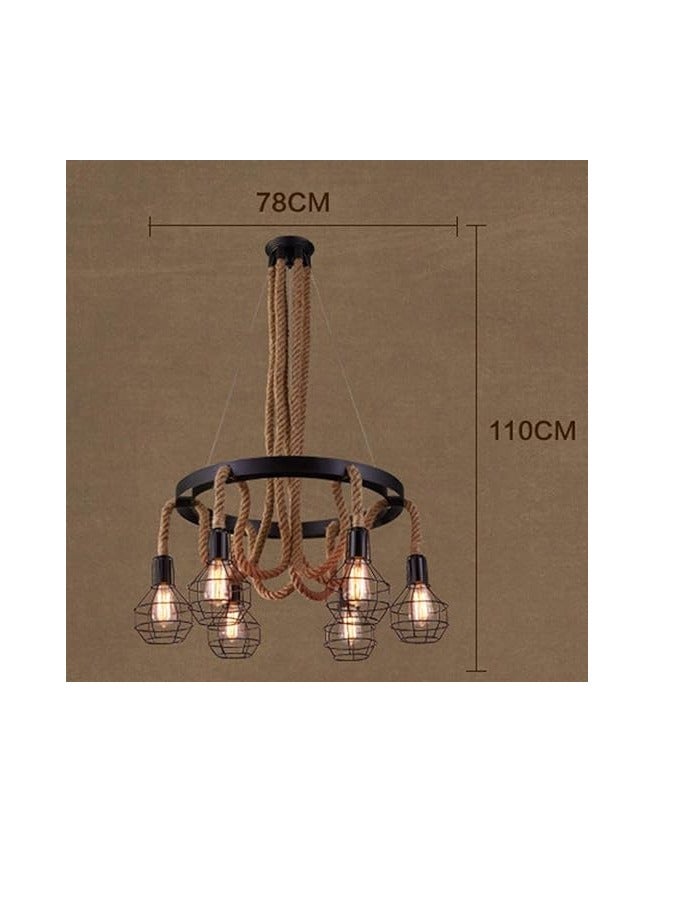 ESNCO Industrial Pendant Light, Lighting Retro 6 Lamp Hemp Rope Chandelier Twisted Flaxen Rope Country Style for Dining Room Bedroom Living Room, Black - Image 3