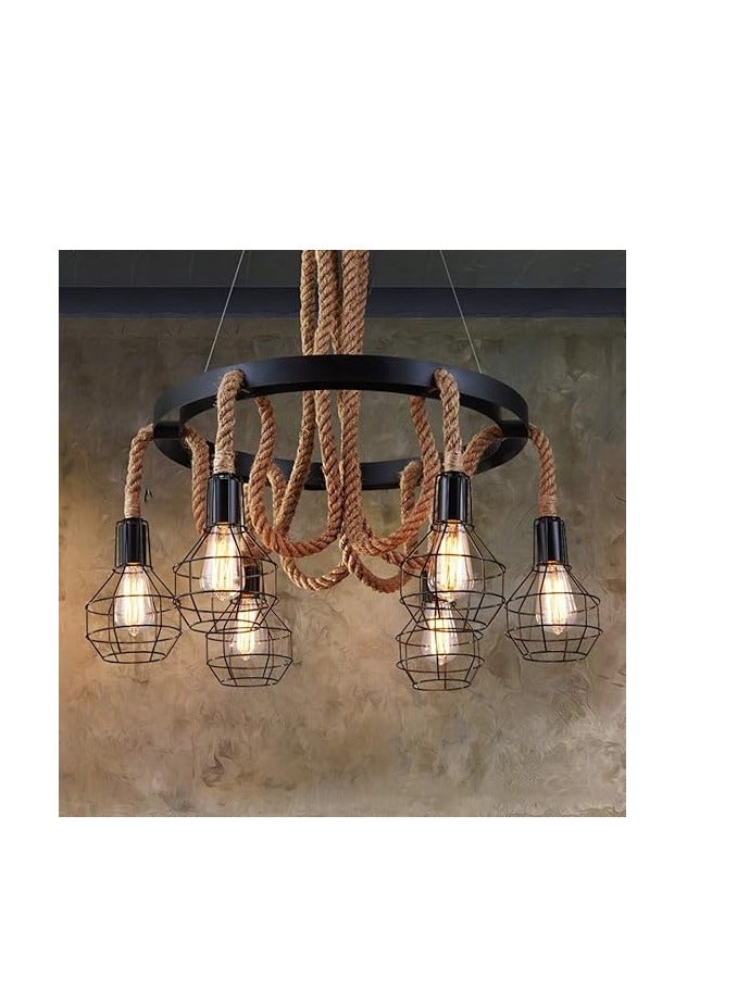 ESNCO Industrial Pendant Light, Lighting Retro 6 Lamp Hemp Rope Chandelier Twisted Flaxen Rope Country Style for Dining Room Bedroom Living Room, Black - Image 4
