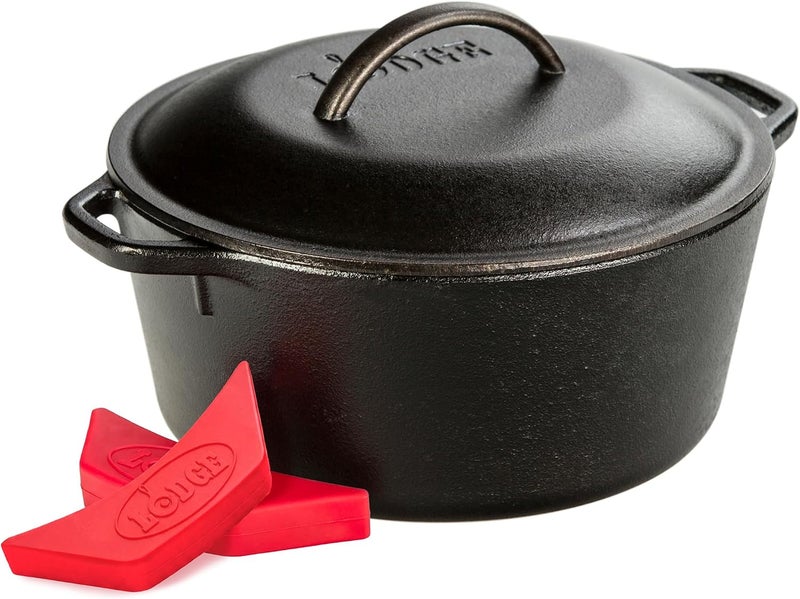 Lodge L8DOL3HH41PLT Cast Iron Dutch Oven with Handle Holders, 5 quart, Black/Red - Image 1