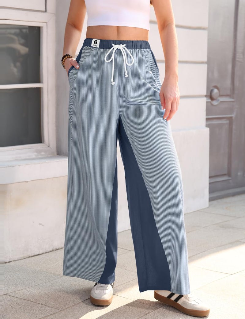 TARSE Womenâ€™s Linen Wide Leg Pants Striped Drawstring Elastic Waist Loose Fit Summer Boho Casual Trendy Pants with Pockets(LightNavy, M) - Image 1