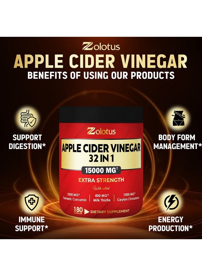 Zolotus 32 In 1 Apple Cider Vinegar Capsules Equivalent To 15000Mg With Turmeric Cinnamon Milk Thistle Elderberry Quercetin Best Supplement For Digestion Immune 180 Capsules  - Image 3