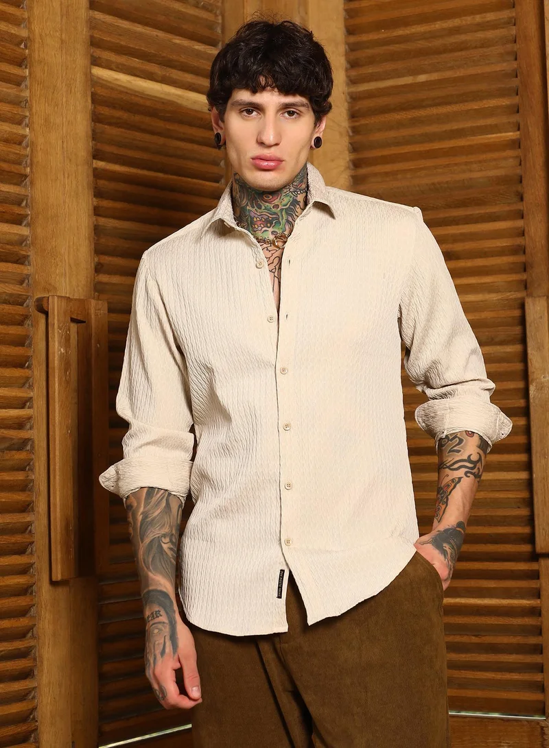 Campus Sutra Men's Ecru Beige Braid-Lined Tactile Shirt For Casual Wear | Spread Collar | Long Cuffed Sleeves | Button Closure | Shirt Crafted With Comfort Fit For Everyday Wear
