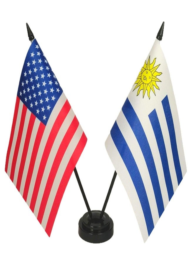 Zigvert US American & Uruguay Friendship Table Flag Display, American & Uruguay Table Flag, US & Uruguayan Twin Desk Flag Set-Miniature USA & Uruguay Desktop Flag - Image 1
