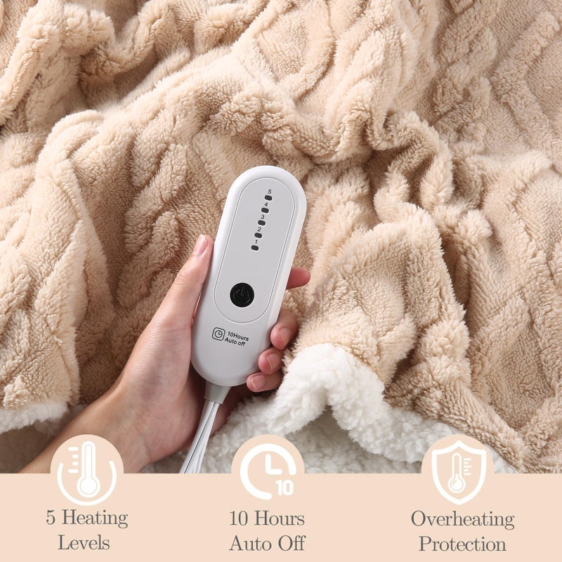 Chioky Electric Heated Blanket  3D Pattern Design  Twin Size Sherpa Super Cozy Heated Blanket With 5 Heating Levels & 10 Hours Auto Off  Beige - Image 2
