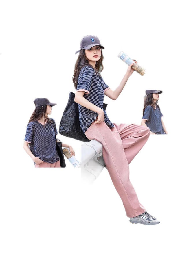 Dme Retro Summer Round Neck Striped Color Block Short Sleeve T-Shirt Women'S Fashionable Comfortable Embroidered Women'S T-Shirt Navy Blue M - Image 1