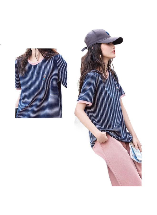 Dme Retro Summer Round Neck Striped Color Block Short Sleeve T-Shirt Women'S Fashionable Comfortable Embroidered Women'S T-Shirt Navy Blue M - Image 2