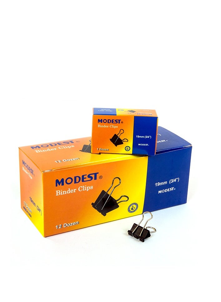MODEST MODEST Binder Clip 19mm – 3/4 Inch – Black – 12 Packs x 12 Pcs (Total 144 Clips) 