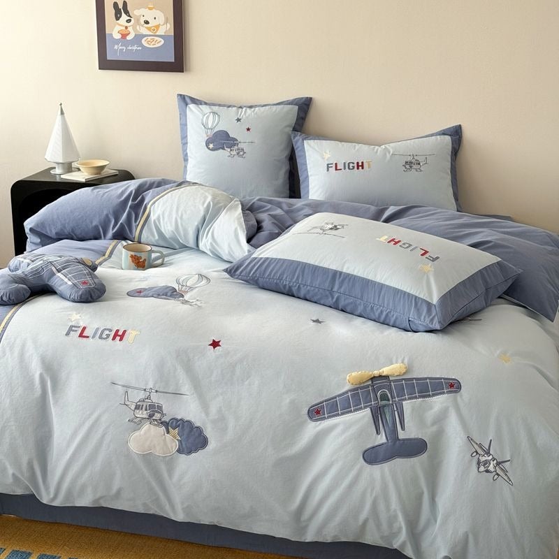 Boys Cartoon Pure Cotton Washed Cotton Bedding Set 4 Piece - Soft Breathable Quilt Cover & Sheet Set - Image 1