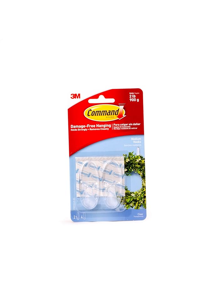 Command Transparent Medium Hooks Holds 900 Gr. Each Hook Clear Color Organize Decoration No Tools Holds Strongly Damage Free Hanging 2 Hooks Plus 4 Strips/Pack - Image 1