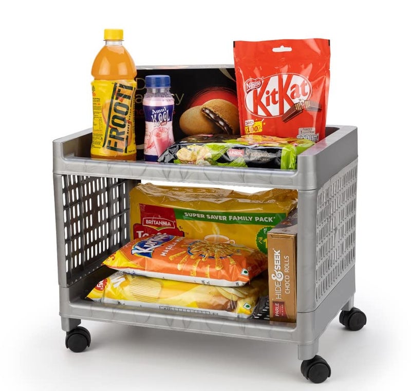 Finner Rectangular 2 Layer MultiPurpose Kitchen Storage Basket Rack Trolley with Wheels for Kitchen Office Use EasytoMove Slide Out Stand Rack Fruits Vegetables Basket StandGrey - Image 2