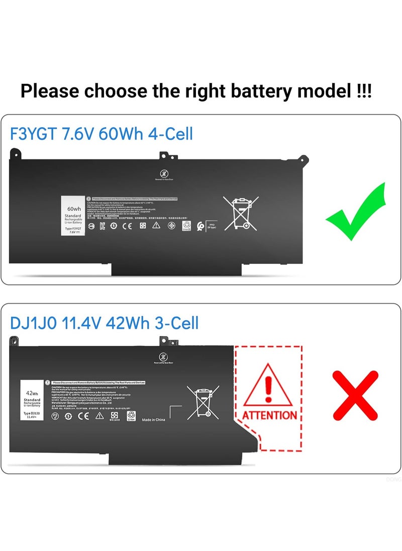 F3YGT Battery Replacement for Dell Latitude 14 7000 7480 7490 13 7000 7380 7390 12 7000 7280 7290 E7280 E7380 E7480 E7290 E7390 E7490 Series 0F3YGT 0DM3WC DM3WC 2X39G KG7VF 60Wh 7.6V