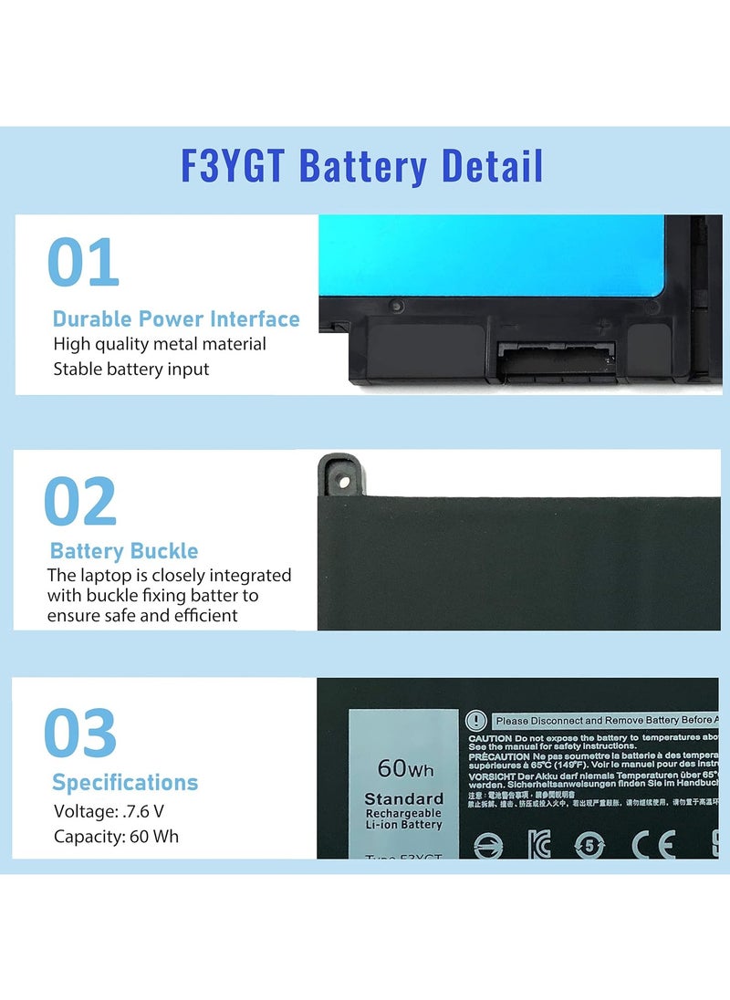F3YGT Battery Replacement for Dell Latitude 14 7000 7480 7490 13 7000 7380 7390 12 7000 7280 7290 E7280 E7380 E7480 E7290 E7390 E7490 Series 0F3YGT 0DM3WC DM3WC 2X39G KG7VF 60Wh 7.6V