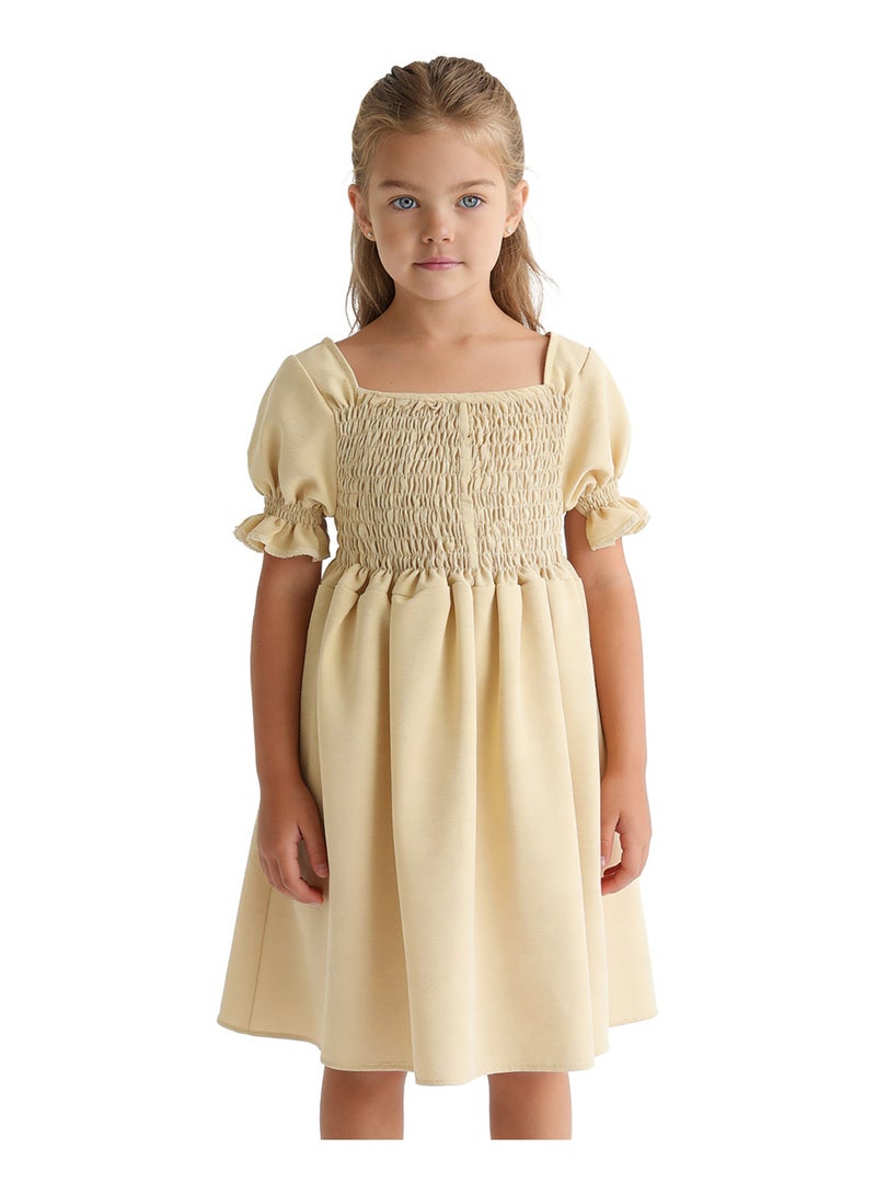 Andora Girls Slip On Elastic Dress - Dark Beige - Image 1