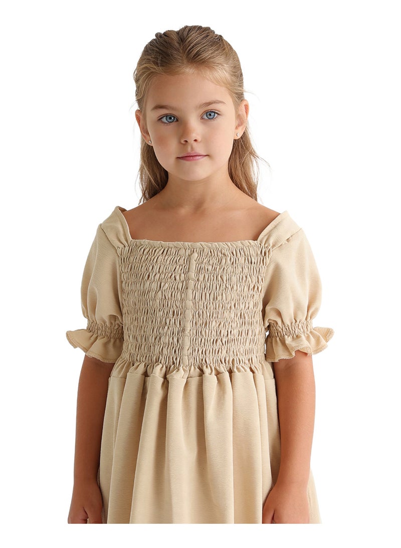Andora Girls Slip On Elastic Dress - Dark Beige - Image 2