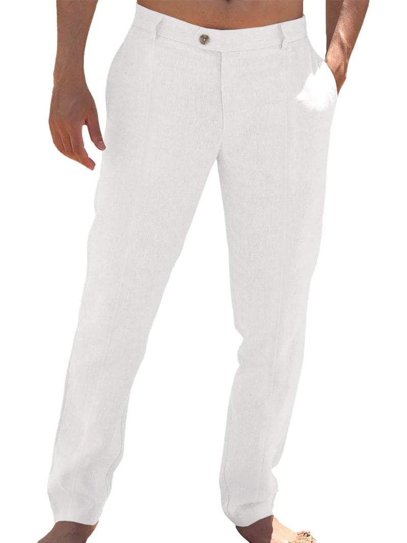Runcati Mens Casual Pants Elastic Waist Cotton Linen Pants Pleated Loose Fit Lightweight Beach Yoga Trousers White - Image 1